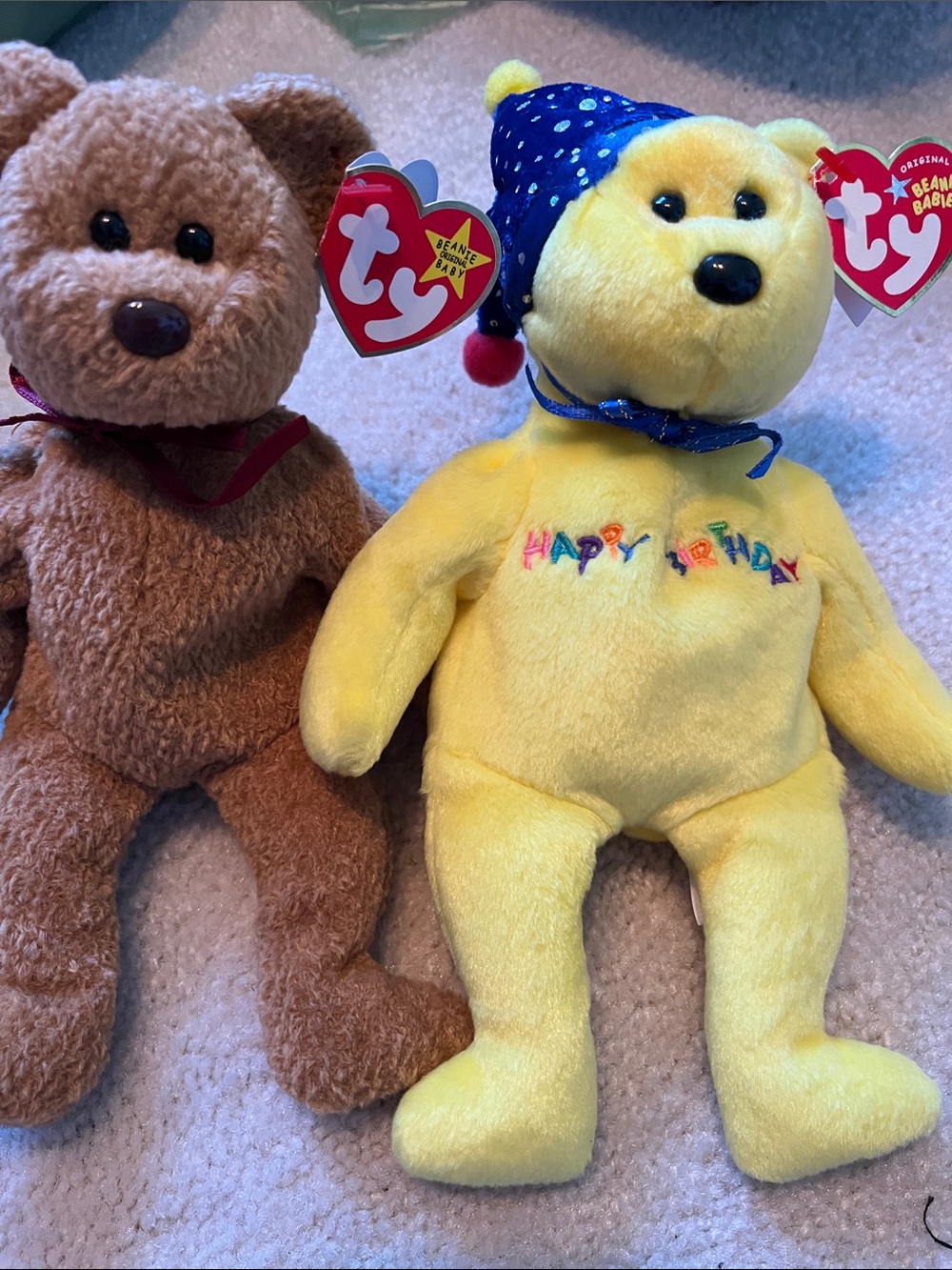 Ty Yellow 'Happy Birthday' Plush Bear with Blue Party Hat and Curly.